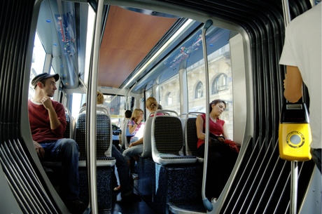 Interior view of tram with passengers