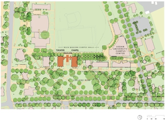 Campus map showing suburban campus with many trees and buildings concentrated on path with much green space.