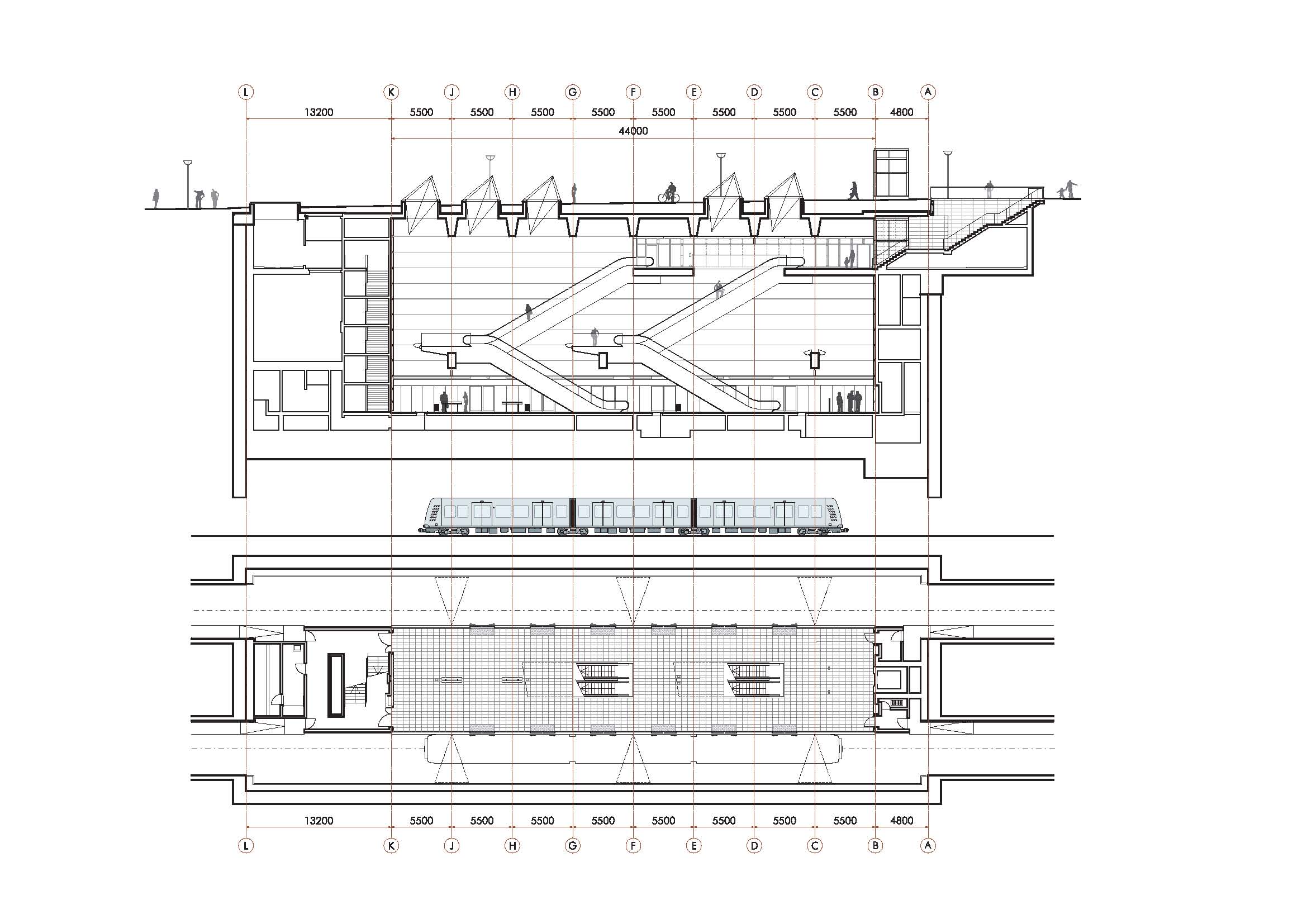 Elevation of Kongens Nytorv Staition at top with train for scale and plan of platform at the bottom.