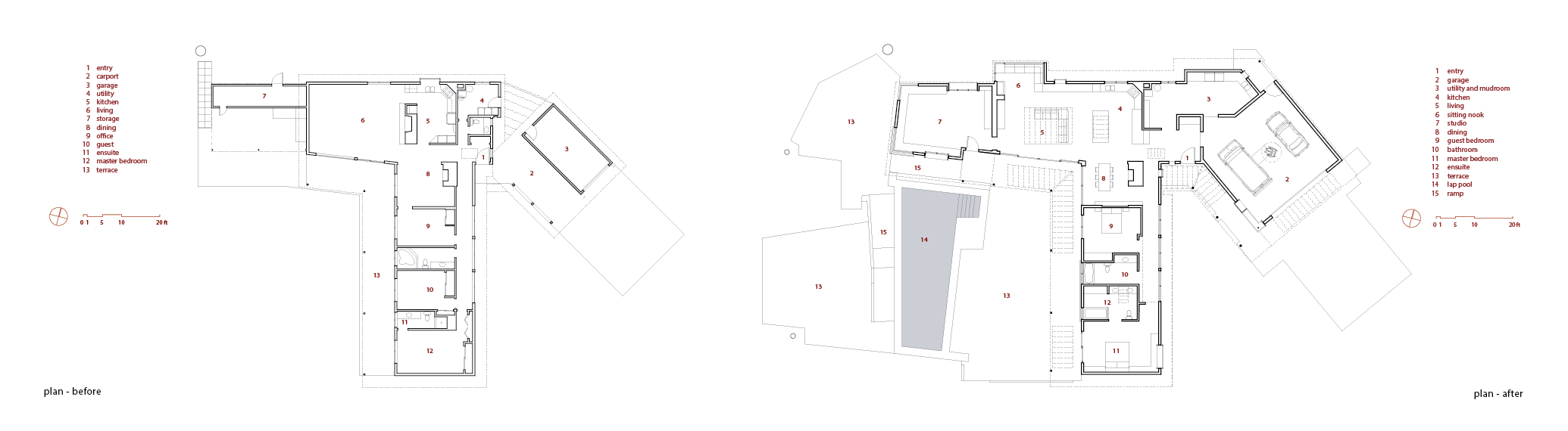 Floor plans with before on left and after on right. After shows additions on left and right as well as significant outdoor changes.