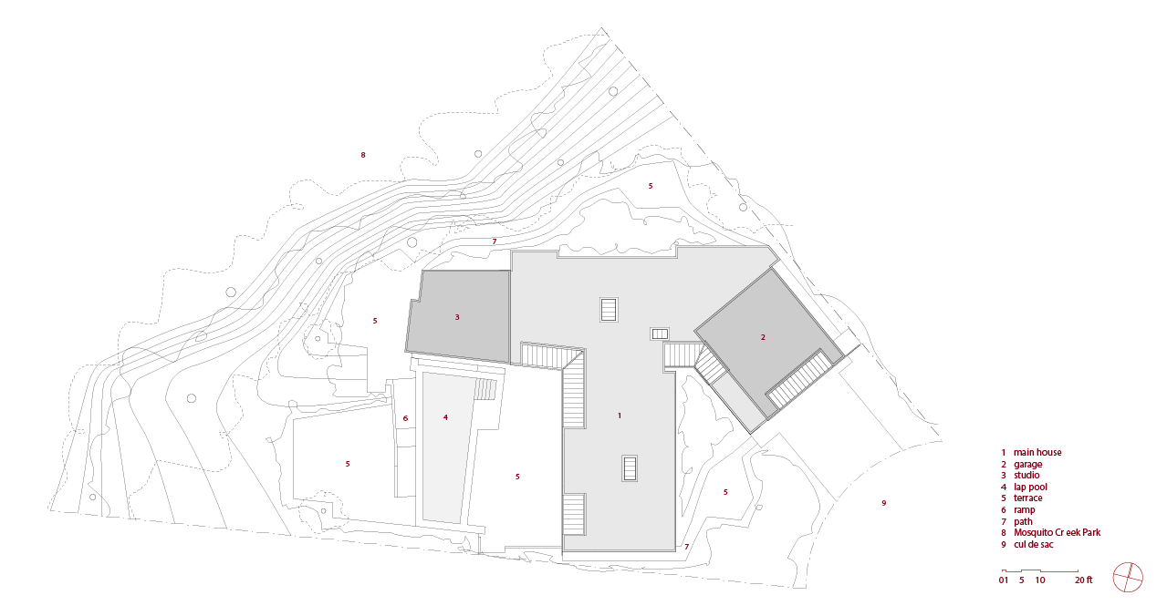 Site plan of house, show the topography of the sloping property