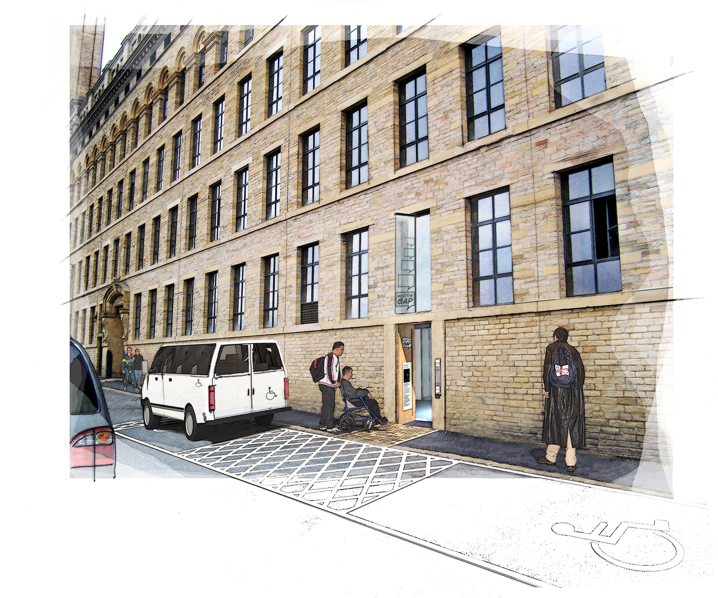 Drawing of accessible entrance with wheelchair user entering