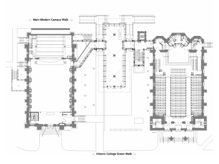 Floor plan show two large masonry buildings connected by a smaller building, also depicts theater in right building.