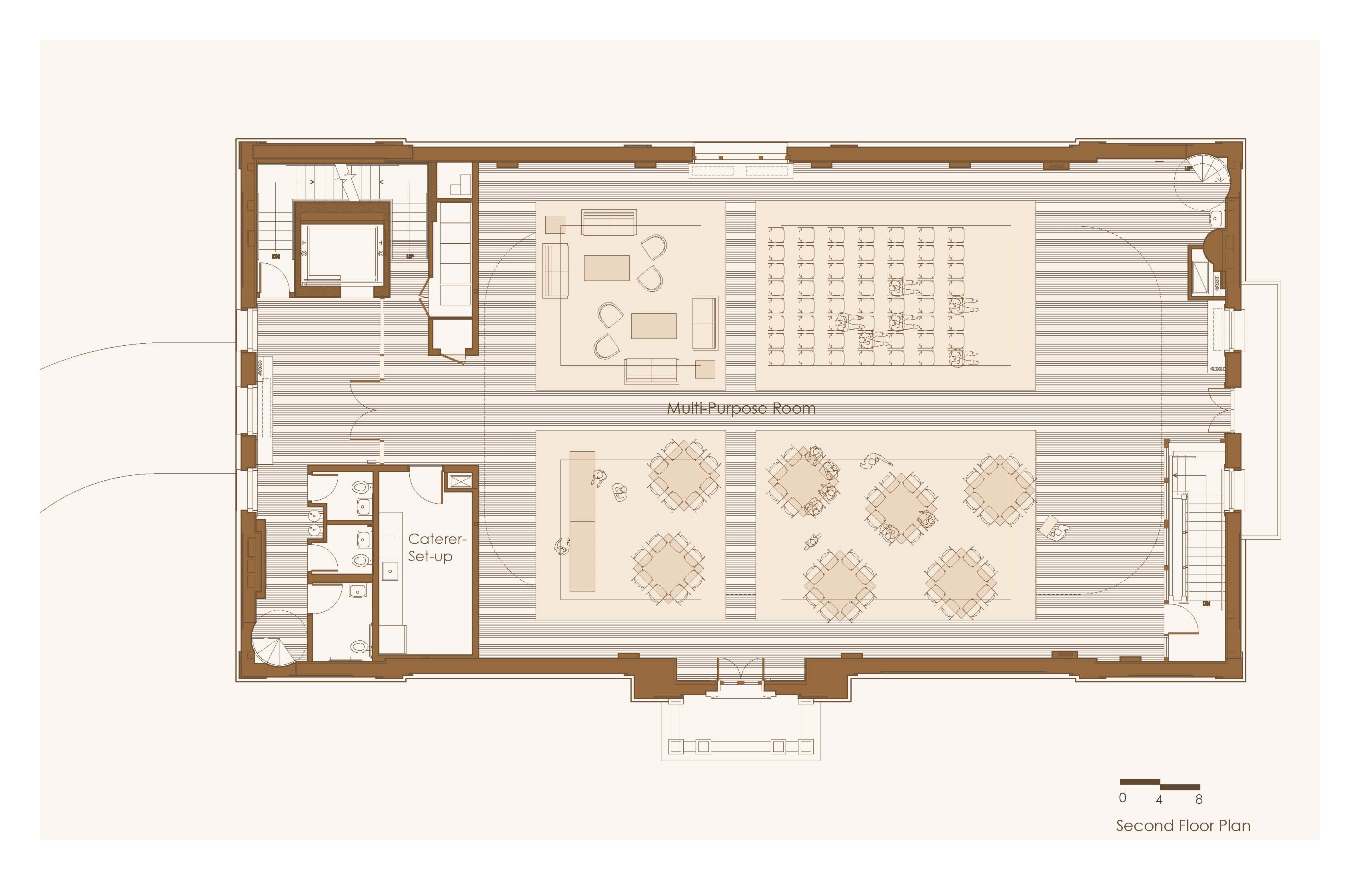 Plan of second floor showing large multipurpose room that uses the majority of the space.
