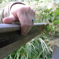 Hand reading the braille on outside of handrail