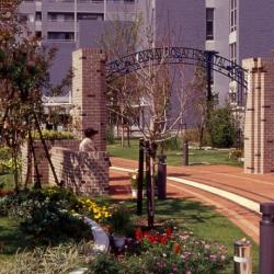 Partial view of the garden and archway to the hospital