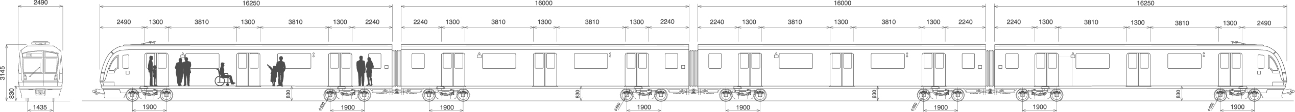 Dimensioned elevation of four car train with figures of differing physical abilities for scale.